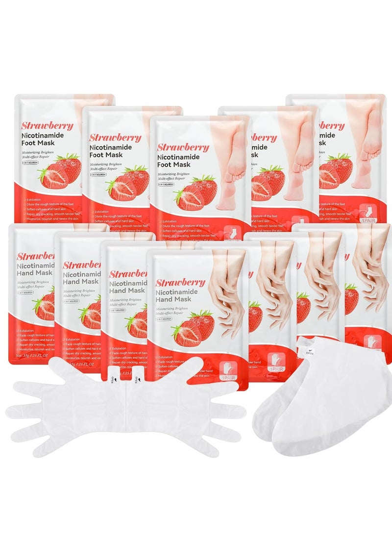 24 Pcs Moisturizing Hand and Foot Masks Hydrating Gloves Socks Masks for Dry Crack Foot Hand Skin Gift for Women Men Soft Smooth Touch (Strawberry)