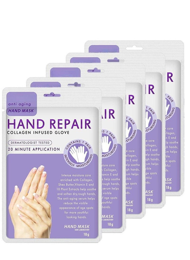 5 Pairs Hands Moisturizing Gloves, Hand Skin Repair Renew Mask Infused Collagen, Vitamins + Natural Plant Extracts for Dry, Aging, Cracked Hands (5 Pairs Hand mask)