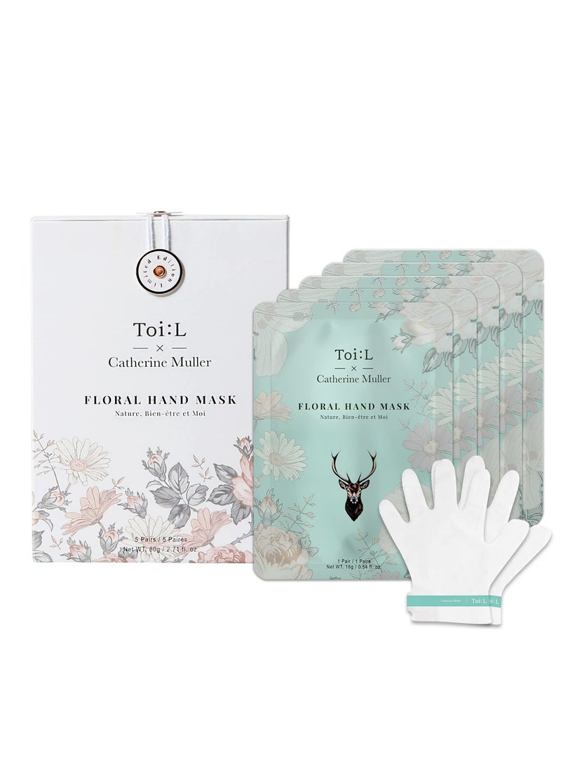 x Catherine Muller Floral Hand Mask 5 Pairs, Moisturizing Gloves for Dry Hands with Elder Flower & CICA, Reparing and Nourishing Hand Care Treatment for Cracked, Rough, and Dry Skin