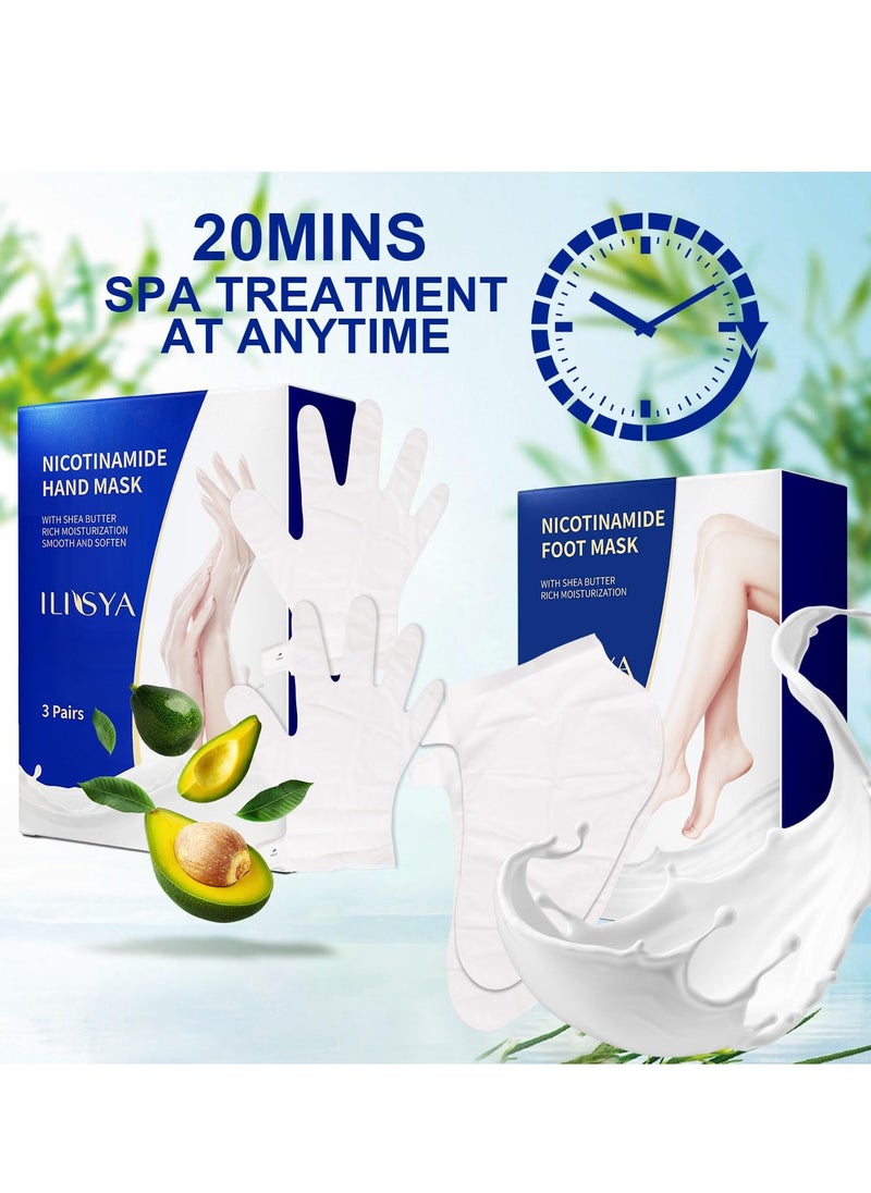 ROUSE Hand and Foot Mask Set, 3 Pack Foot Mask & 3 Pack Hand Mask for Dry Cracked Hand Heel, Moisturizing Glove & Socks with Nicotinamide + Shea Butter + Goat Milk