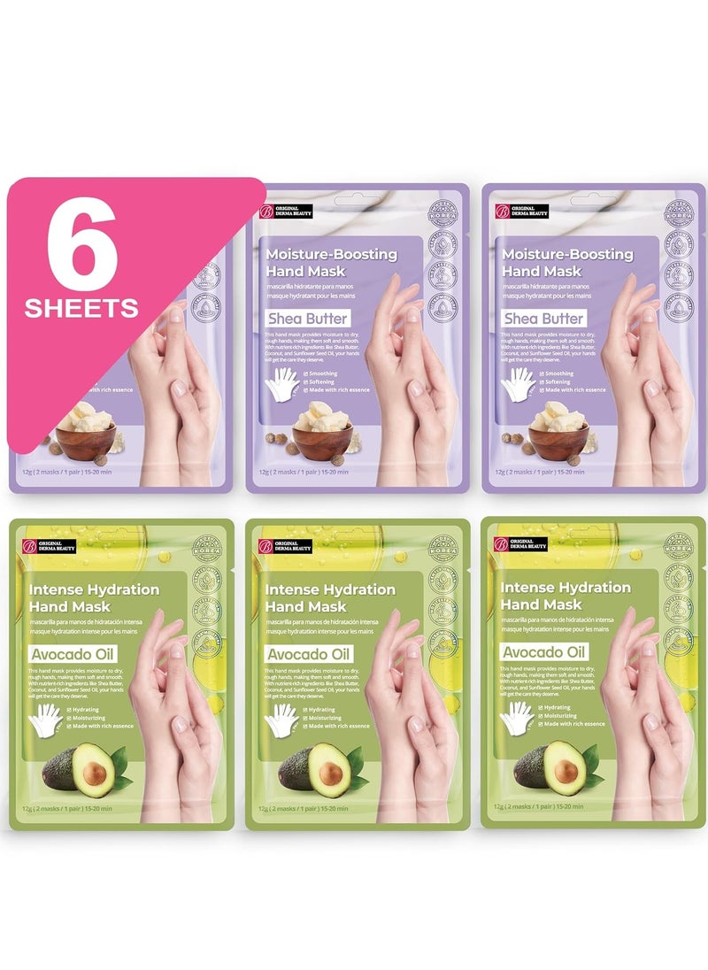 Original Derma Beauty Hand Mask 6 Pairs Moisture-Boosting Shea Butter + Intense Hydration Avocado Hand Moisturizing Mask Gloves (Assort #2) Hand Care Soothing Gloves Hand Repair Gloves