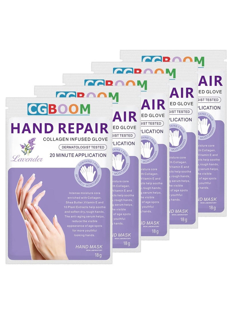 CGBOOM 5 Pairs Hand Masks Moisturizing Gloves, Hand Skin Repair Renew Mask Infused Collagen, Vitamins + Natural Plant Extracts for Dry, Aging, Cracked Hands (Lavender)