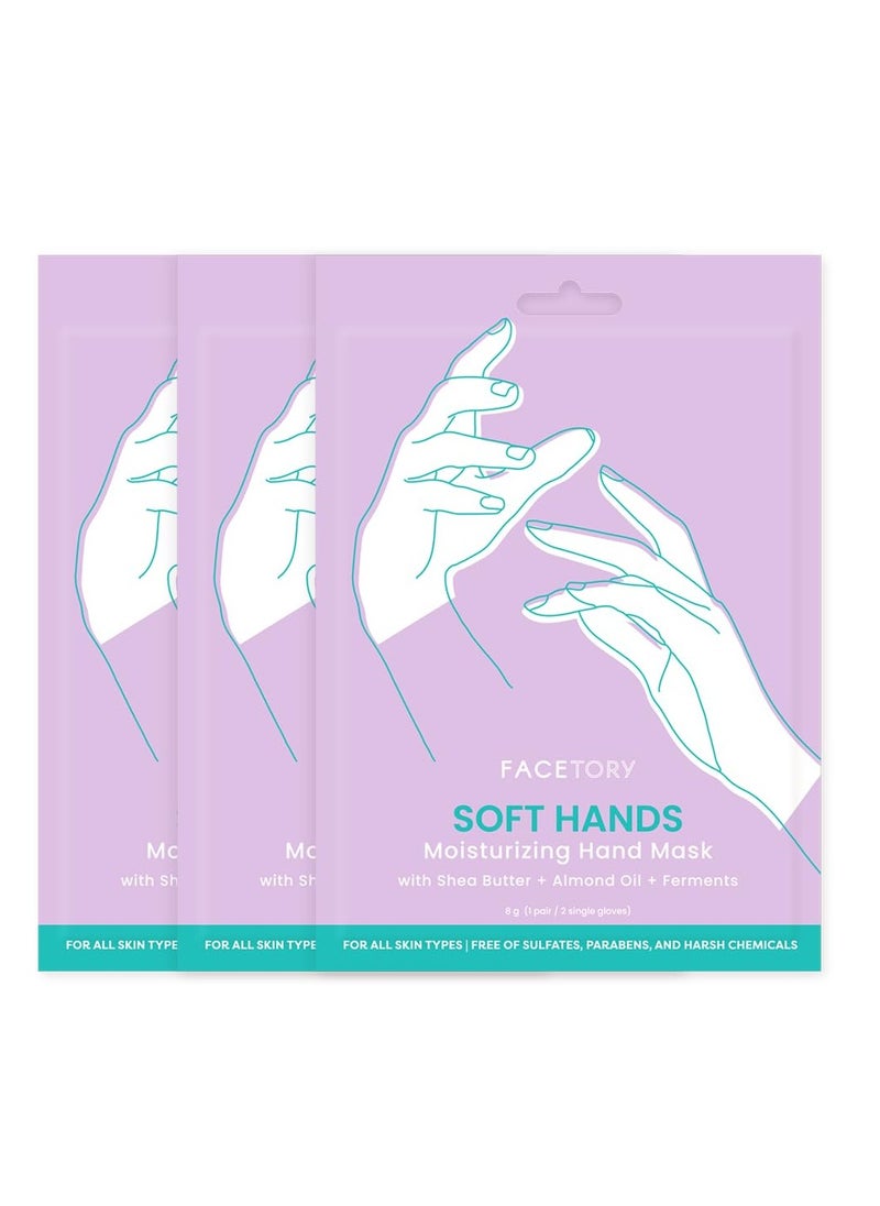 FACETORY Soft Hands Moisturing Hand Mask with Softening Shea Butter, Almond Seed Oil, and Ferments - Hand Spa Nourishing and Renewing Hand Sheet Mask for Dry, Rough Hands and Cuticles - 3 Pairs