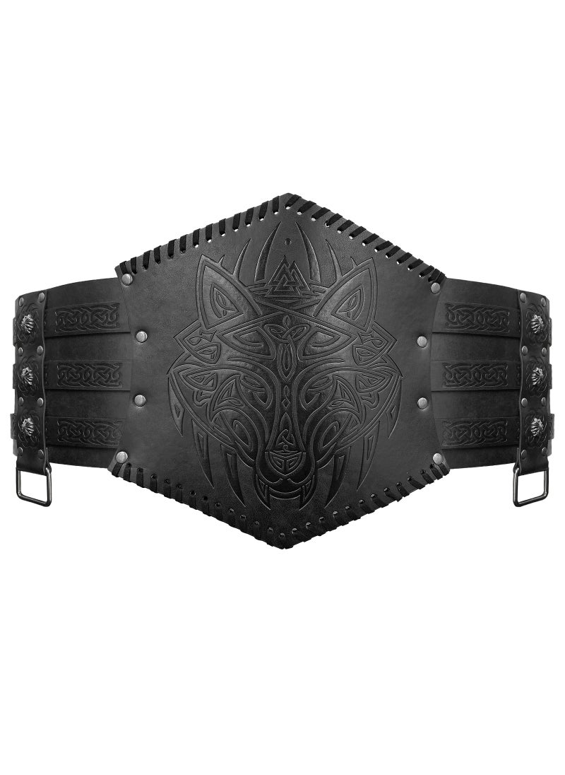 Nordic Viking Thor Hammer Embossed Leather Belt Black Wolf head S00124