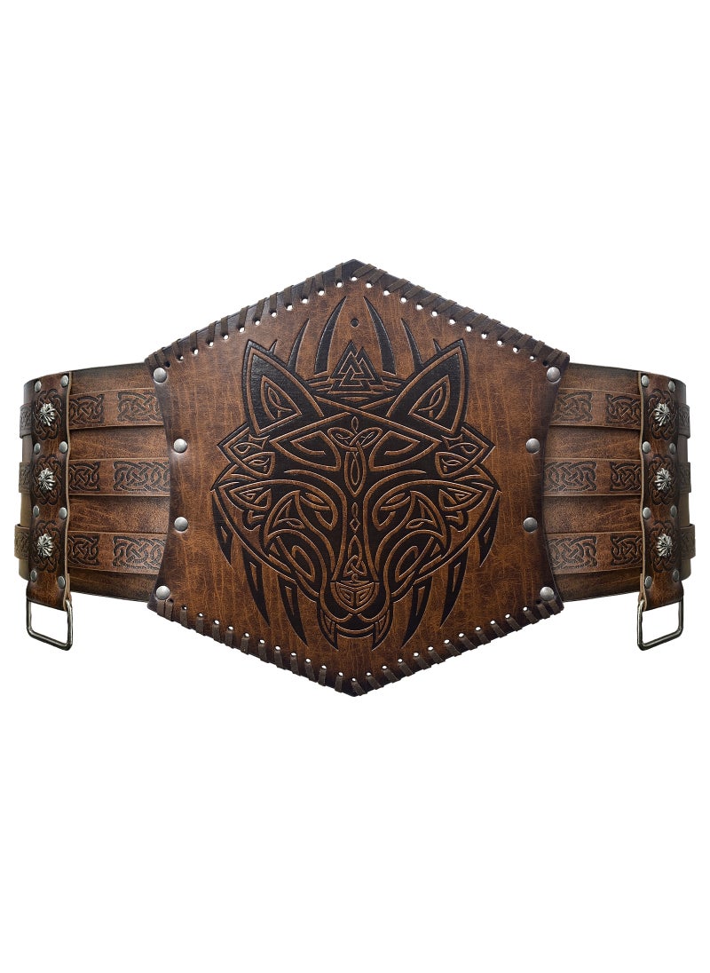 Nordic Viking Thor Hammer Embossed Leather Belt Brown wolf head S00125