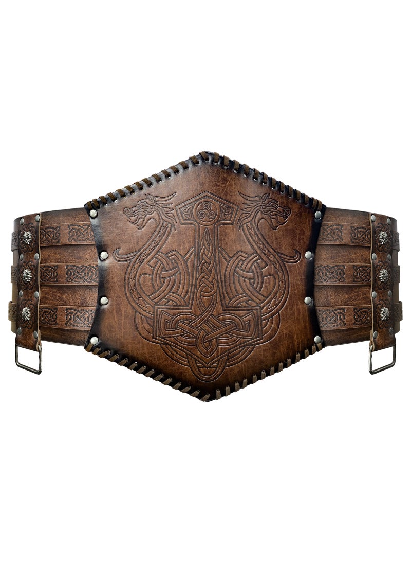 Nordic Viking Thor Hammer Embossed Leather Belt Brown wolf head S00125