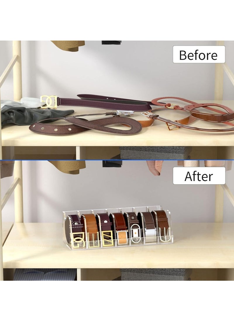 Belt Organizer, Acrylic Belt Storage Holder for Closet and Drawer, 7-Compartment Belt Box with Display Stand