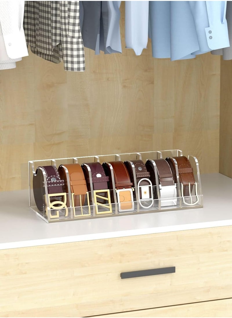 Belt Organizer, Acrylic Belt Storage Holder for Closet and Drawer, 7-Compartment Belt Box with Display Stand