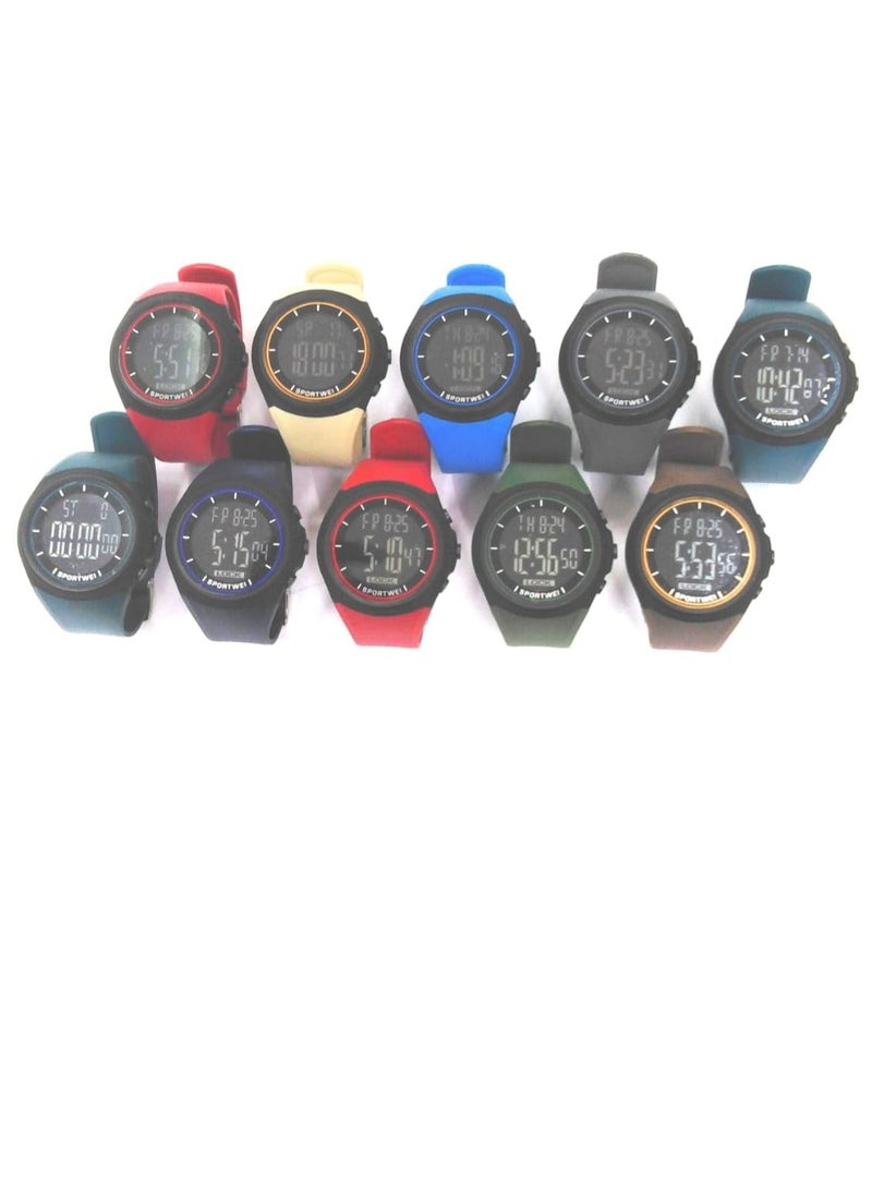 Digital Sports Watches, Assorted Colors, Set of 10