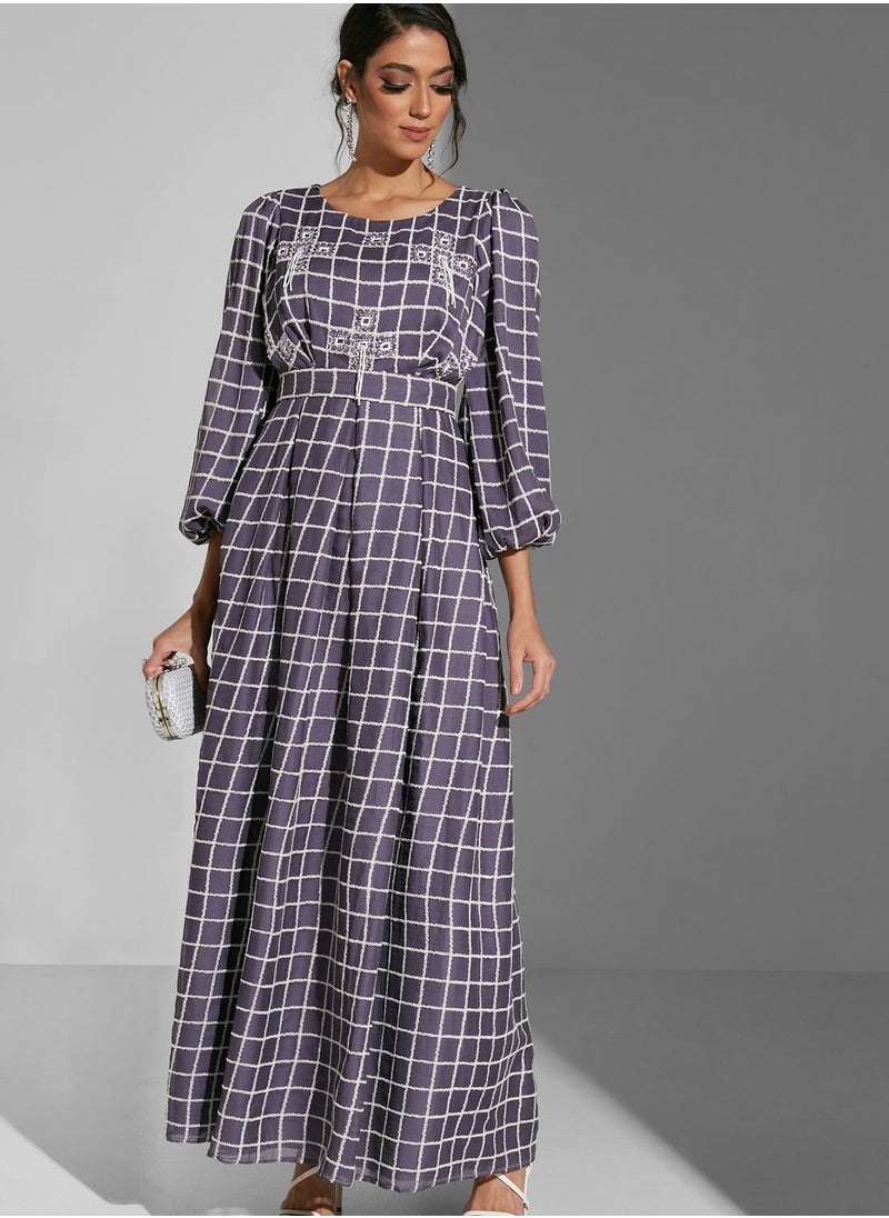 Puff Sleeve Check Detail Dress