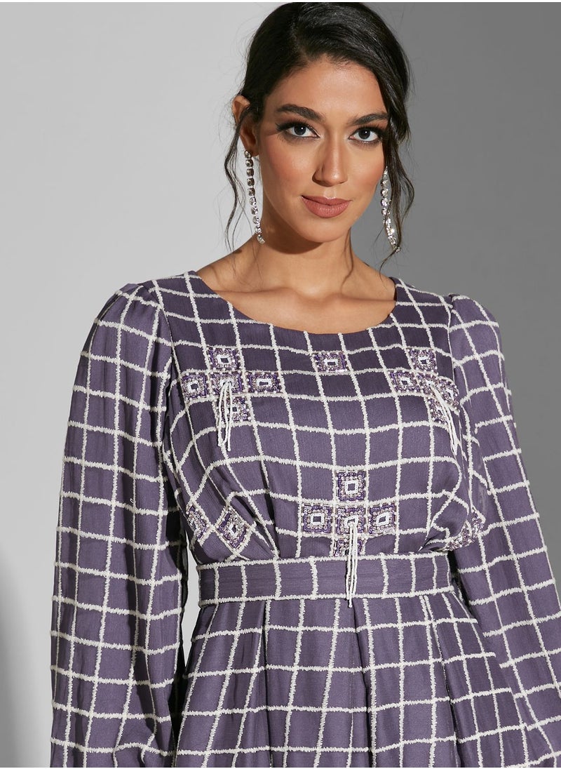 Puff Sleeve Check Detail Dress