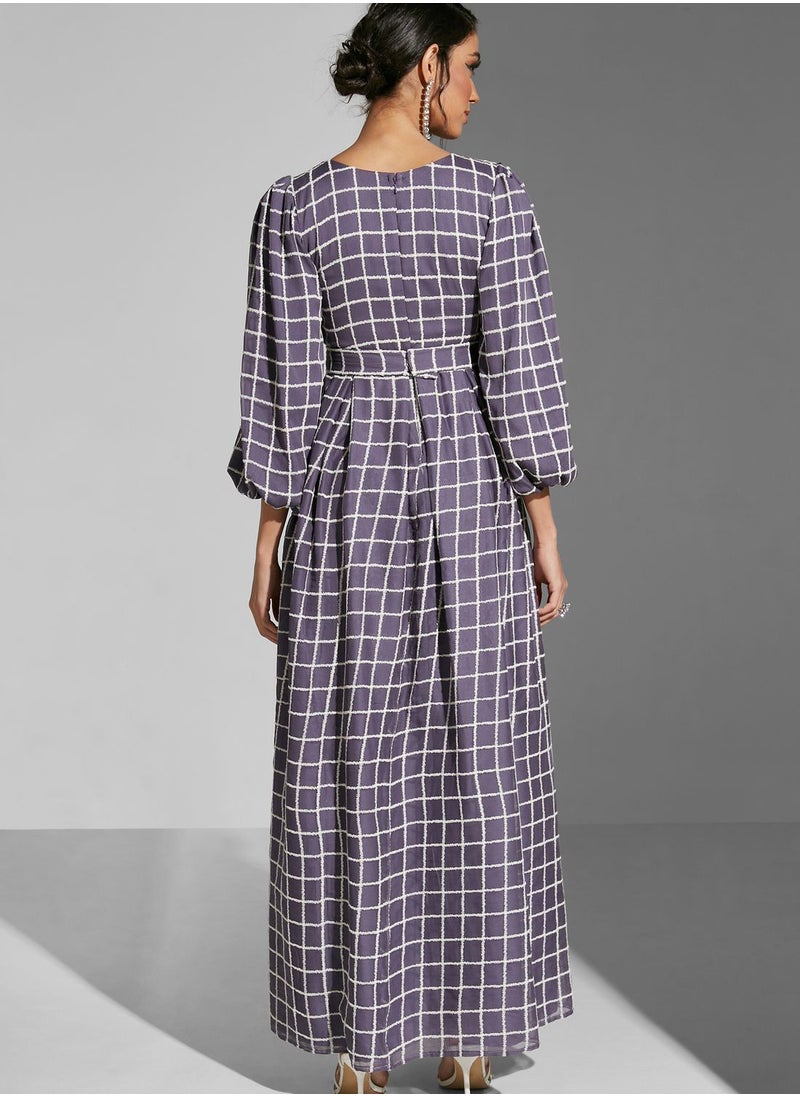 Puff Sleeve Check Detail Dress