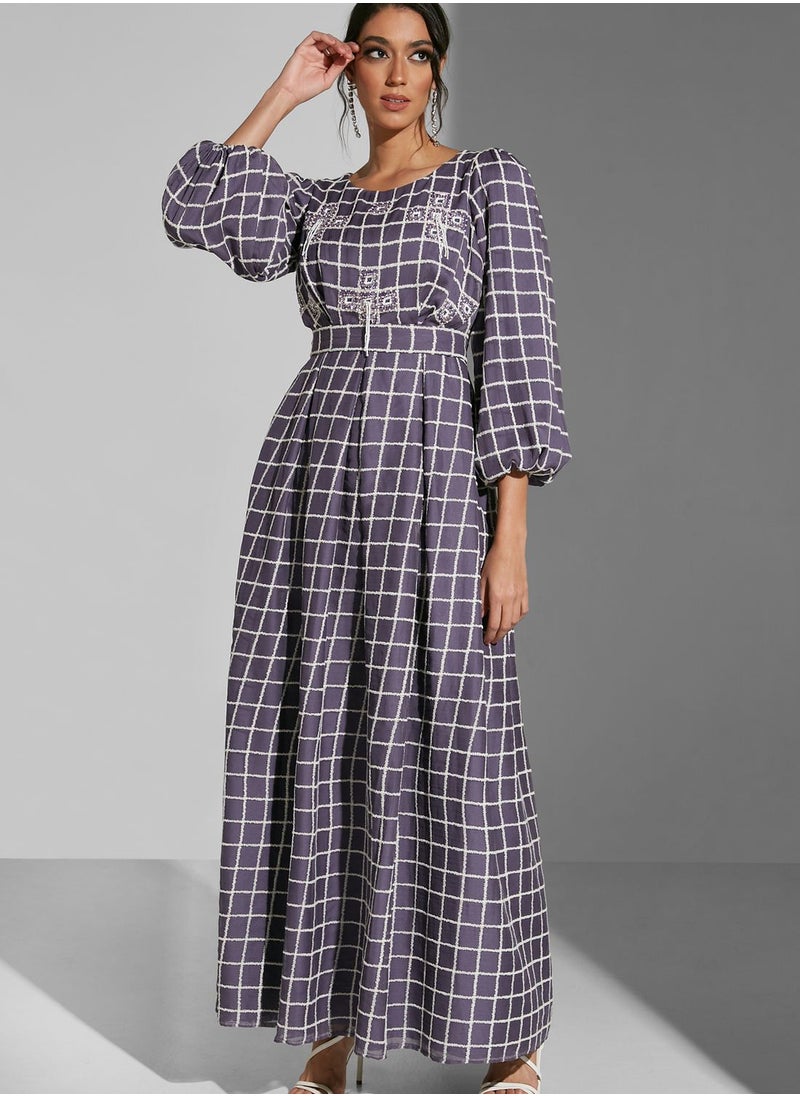 Puff Sleeve Check Detail Dress