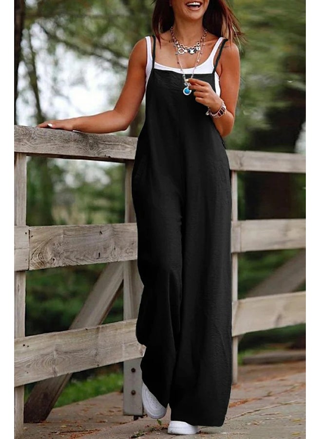 Summer 2023 Solid Color Jumpsuit with Pockets Black