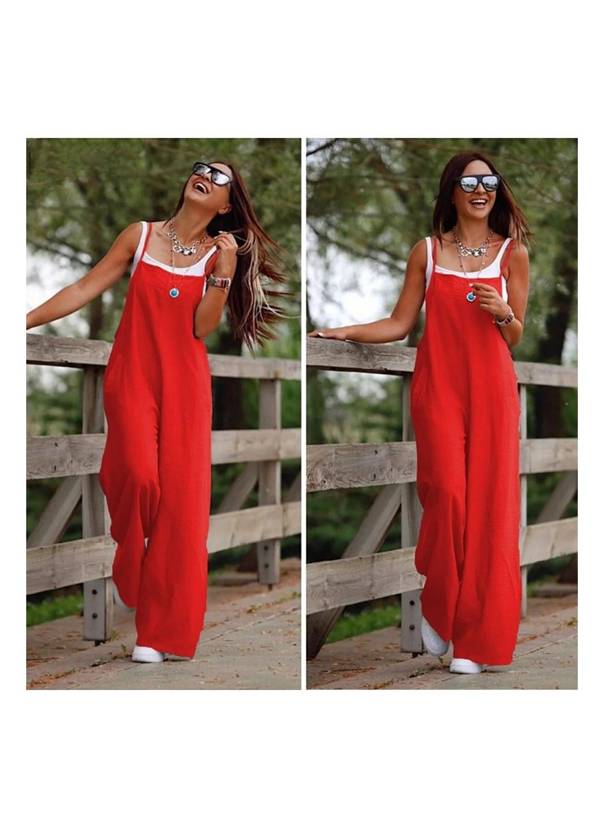 Summer 2023 Solid Color Jumpsuit with Pockets Red