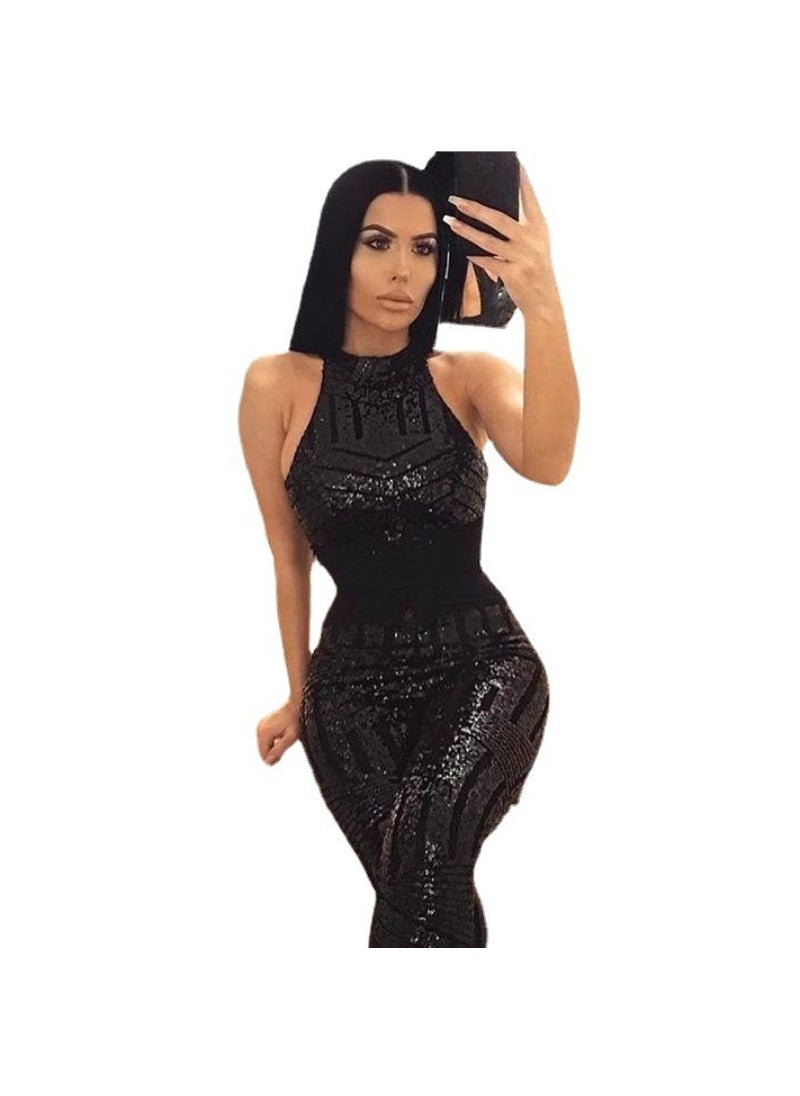 Round Neck Backless Halter Sequin Jumpsuit Champagne