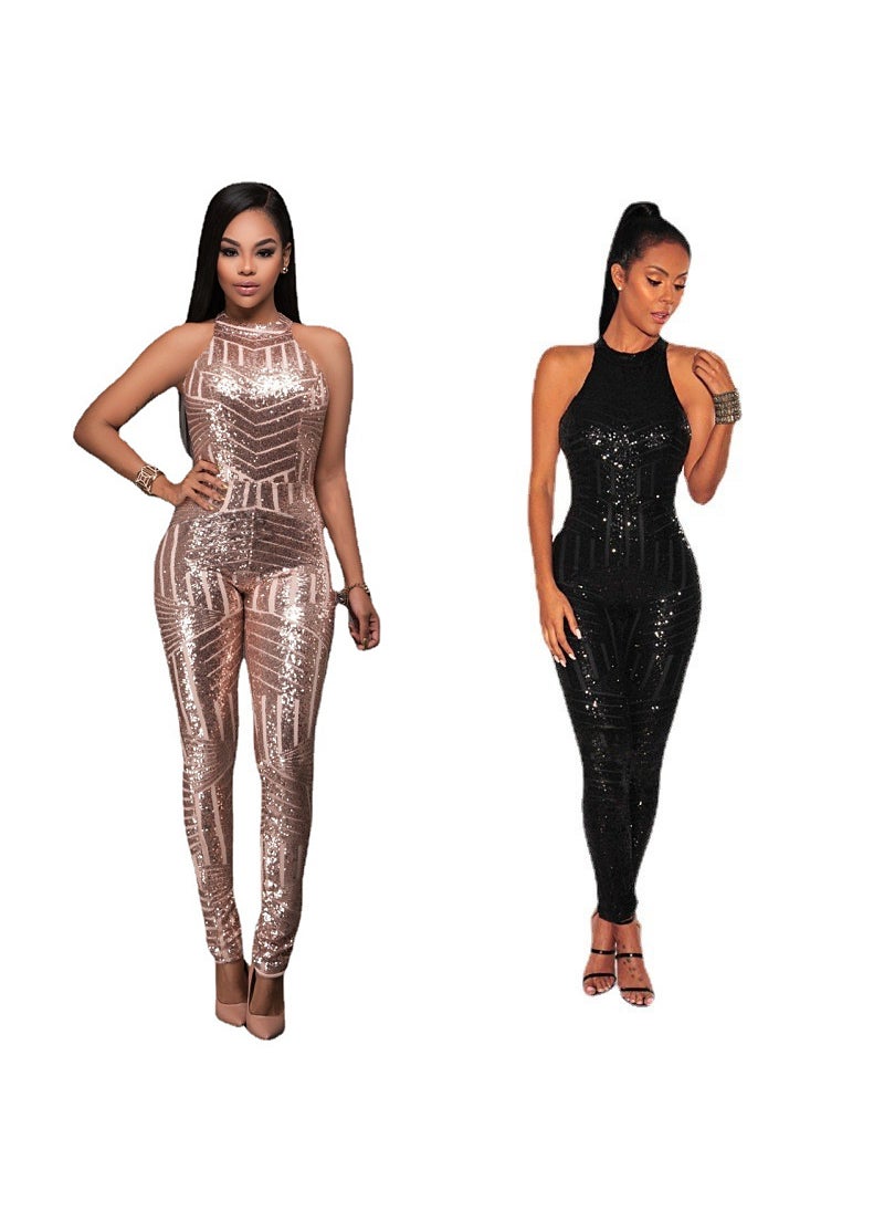 Round Neck Backless Halter Sequin Jumpsuit Champagne