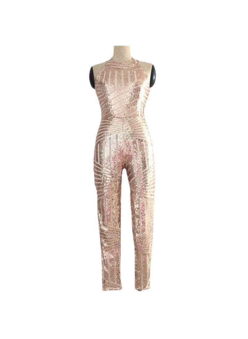 Round Neck Backless Halter Sequin Jumpsuit Champagne