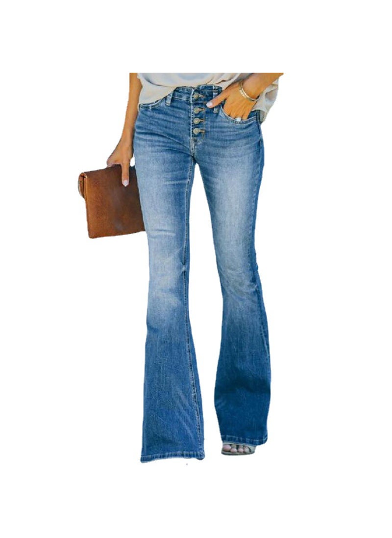 2024 High Waist Jeans Bell Bottoms for Women Denim Blue