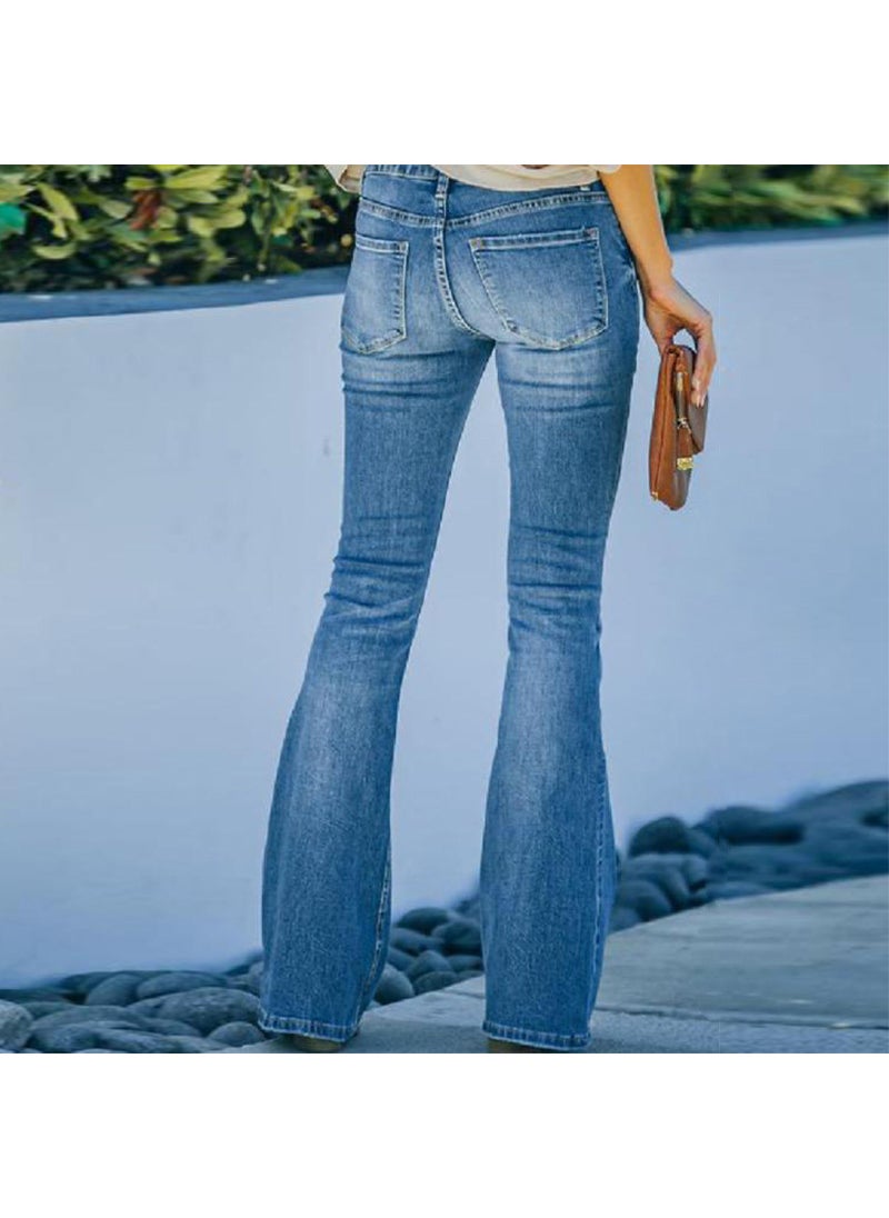 2024 High Waist Jeans Bell Bottoms for Women Denim Blue