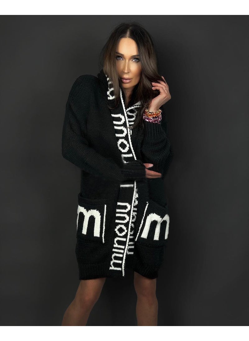 2023 autumn and winter New long cardigan foreign trade hooded letters sweater womens European and American sweater knitted coat Black