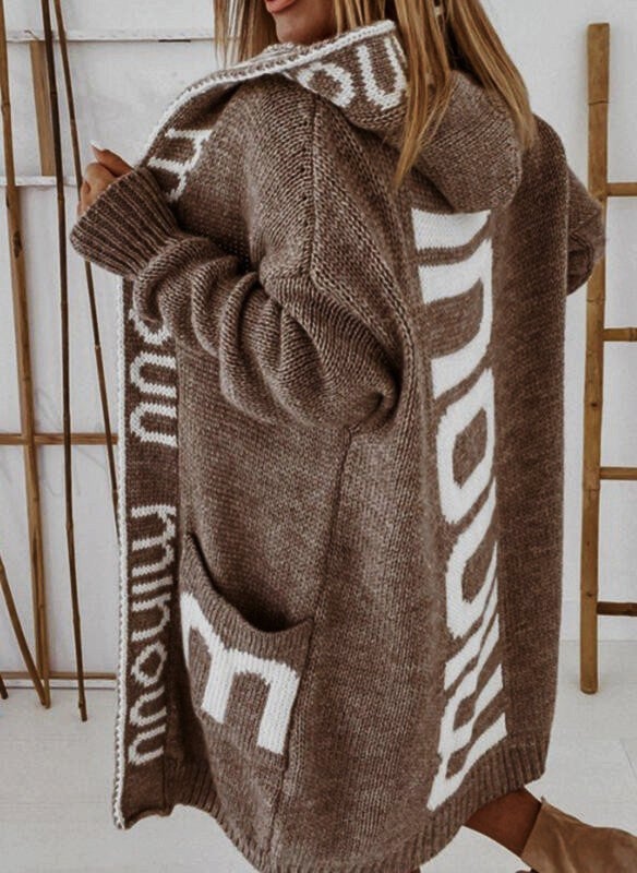 2023 autumn and winter New long cardigan foreign trade hooded letters sweater womens European and American sweater knitted coat Coffee