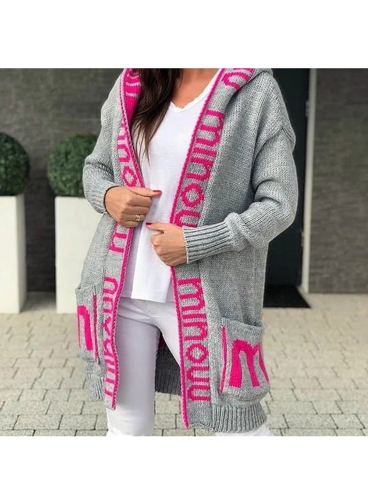 2023 autumn and winter New long cardigan foreign trade hooded letters sweater womens European and American sweater knitted coat Grey plum