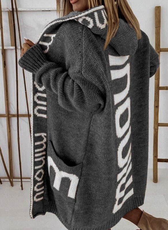 2023 autumn and winter New long cardigan foreign trade hooded letters sweater womens European and American sweater knitted coat Dark gray