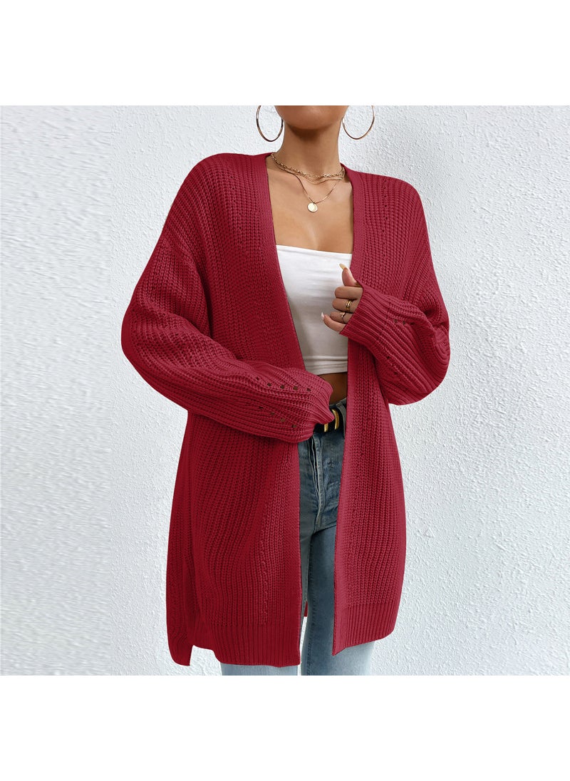 Autumn Winter 2023 Loose Mid-Long Cardigan V-neck Sweater Burgundy Sweater Coat