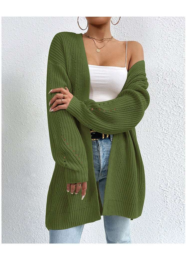 Autumn Winter 2023 Loose Mid-Long Cardigan V-neck Sweater Green Sweater Coat