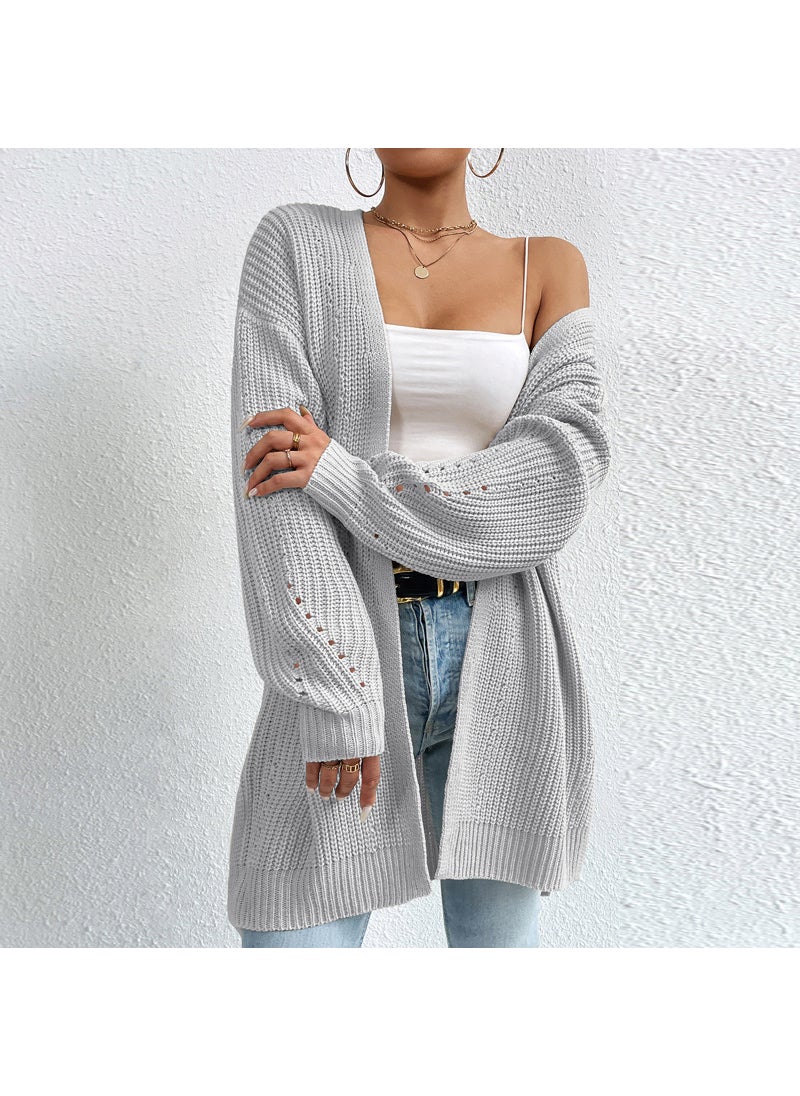 Autumn Winter 2023 Loose Mid-Long Cardigan V-neck Sweater Grey Sweater Coat