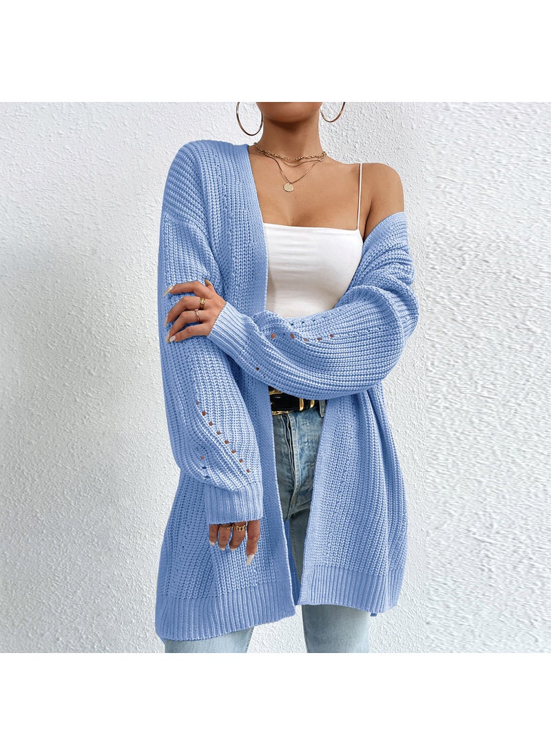 Autumn Winter 2023 Loose Mid-Long Cardigan V-neck Sweater Blue Sweater Coat