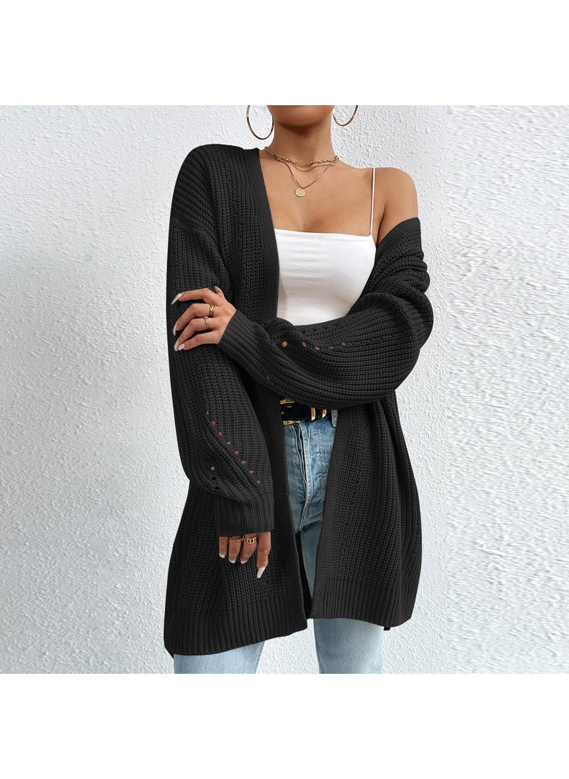 Autumn Winter 2023 Loose Mid-Long Cardigan V-neck Sweater Black Sweater Coat