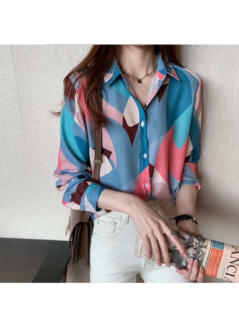 Spring New Womens Korean-style Loose Western-style Lapel Printed Chiffon Shirt Top Cardigan Casual Long-sleeved Shirt Picture 2