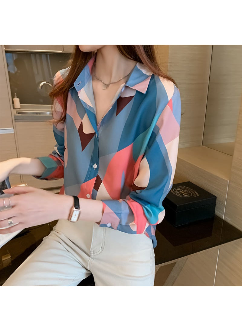 Spring New Womens Korean-style Loose Western-style Lapel Printed Chiffon Shirt Top Cardigan Casual Long-sleeved Shirt Picture 2