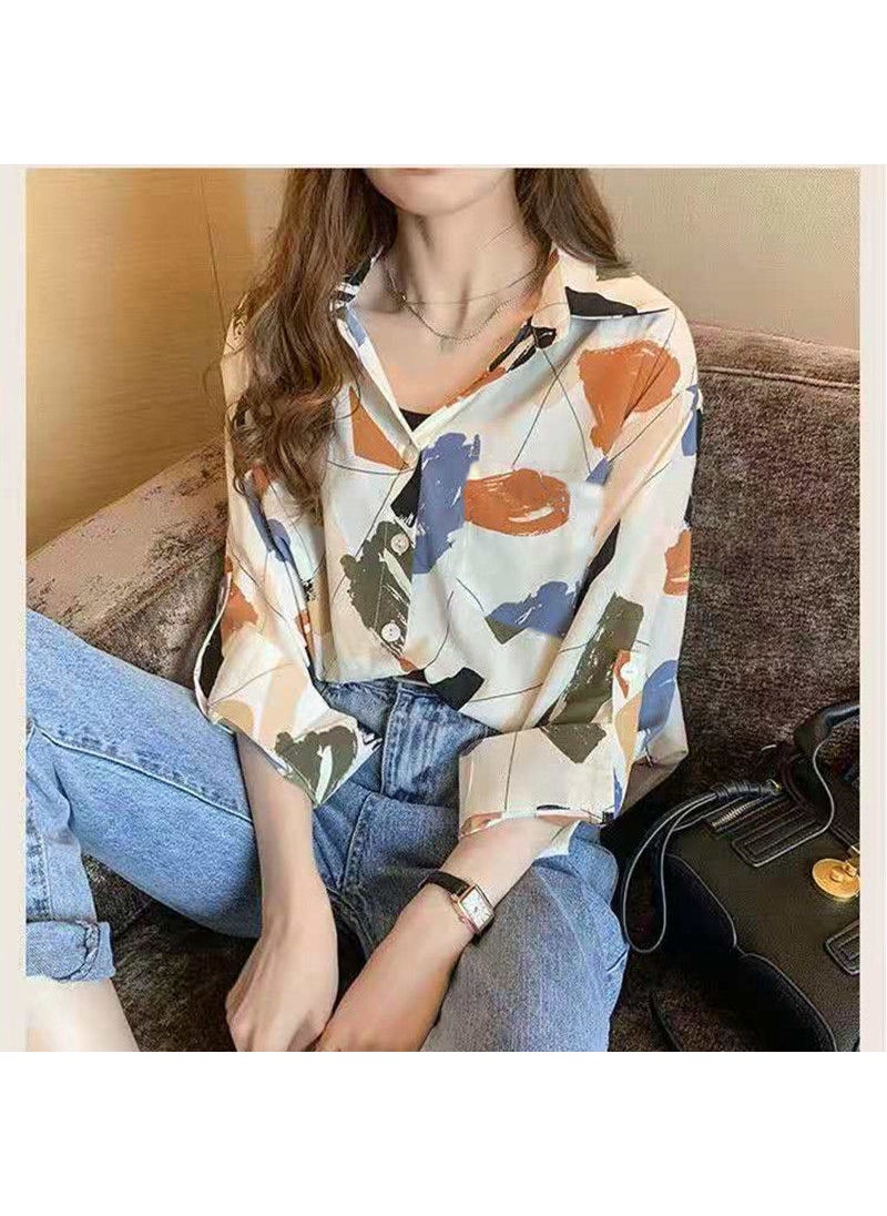 Spring New Womens Korean-style Loose Western-style Lapel Printed Chiffon Shirt Top Cardigan Casual Long-sleeved Shirt Picture 2