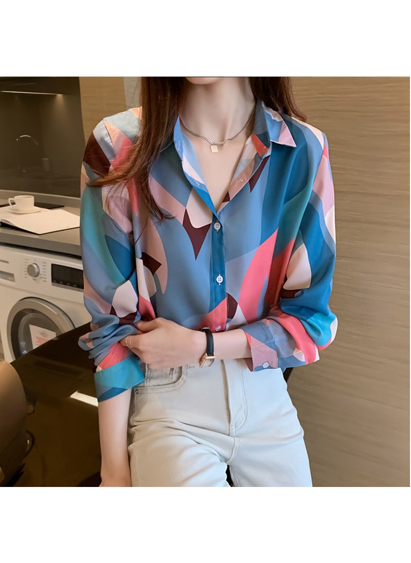 Spring New Womens Korean-style Loose Western-style Lapel Printed Chiffon Shirt Top Cardigan Casual Long-sleeved Shirt Picture 2