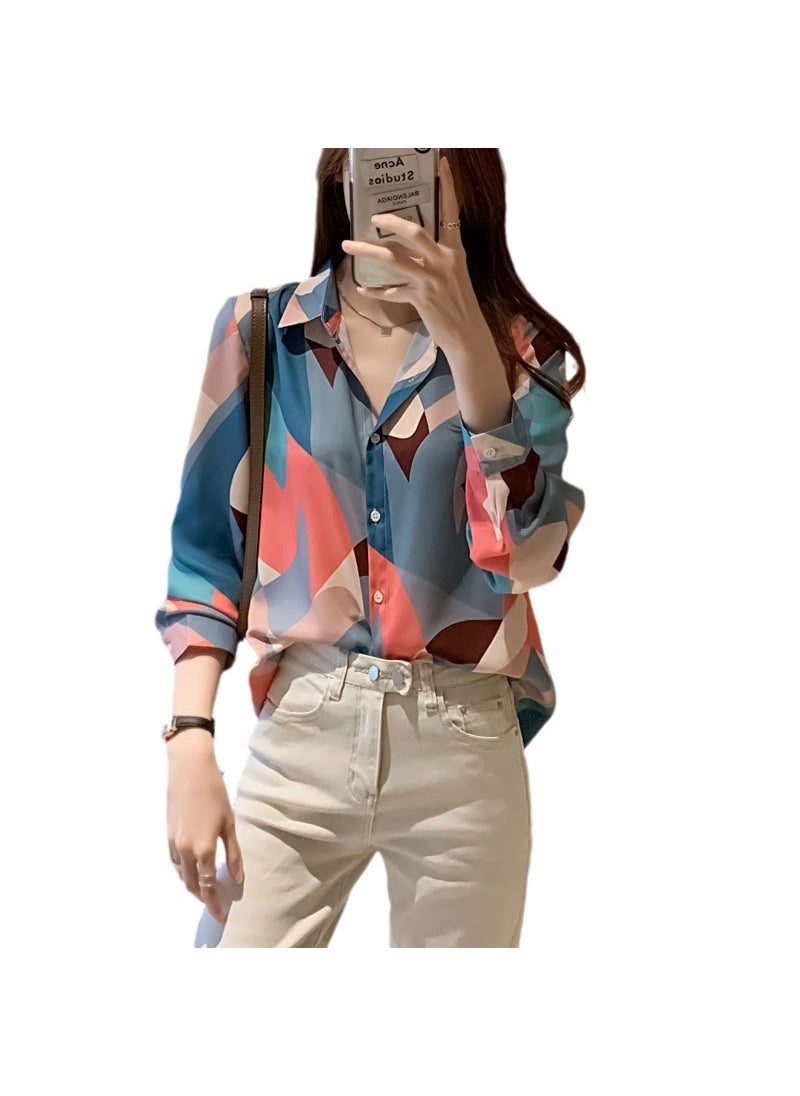 Spring New Womens Korean-style Loose Western-style Lapel Printed Chiffon Shirt Top Cardigan Casual Long-sleeved Shirt Picture 2