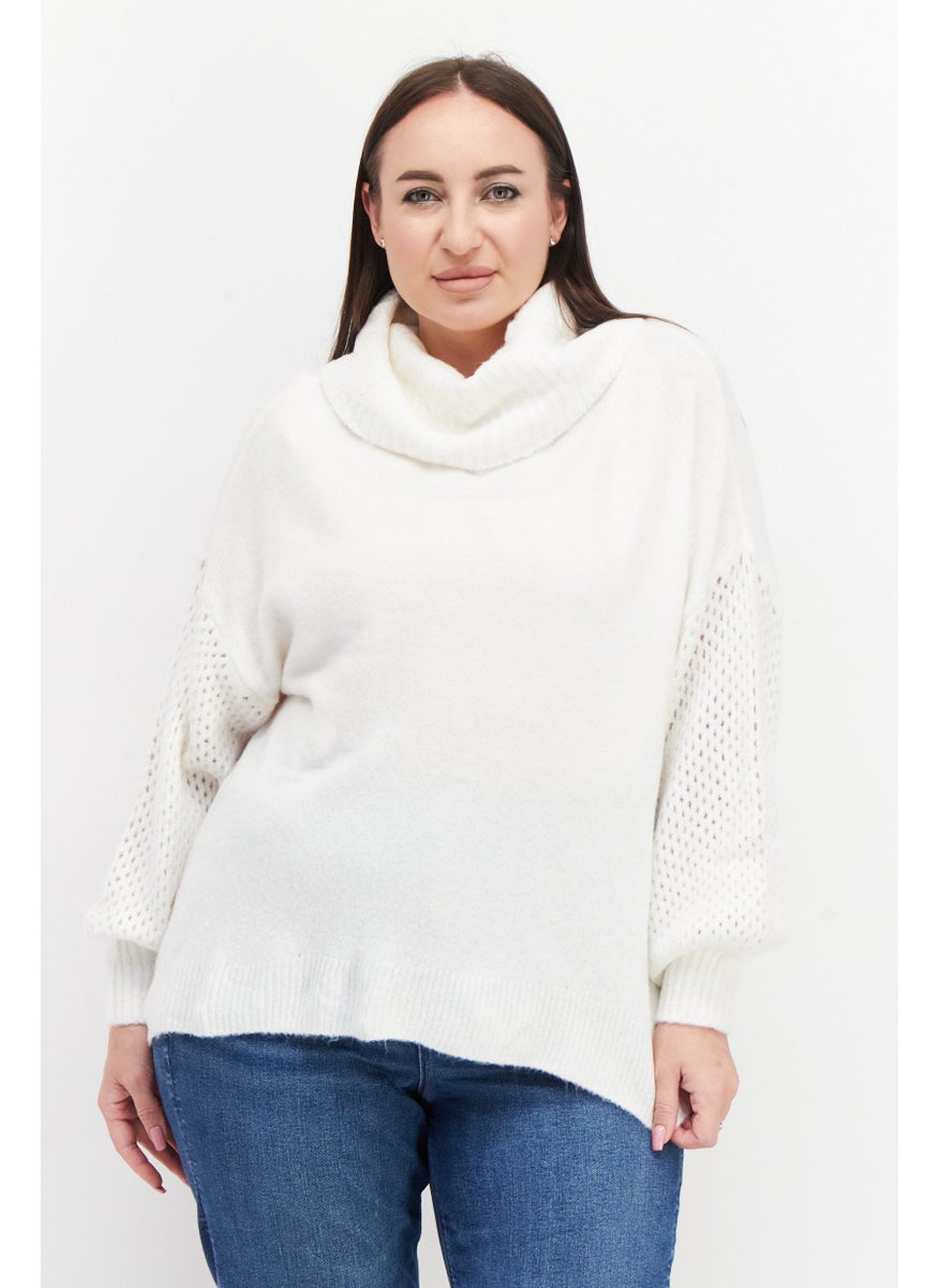 Women Plus Size Turtle Neck Knitted Sweater, White