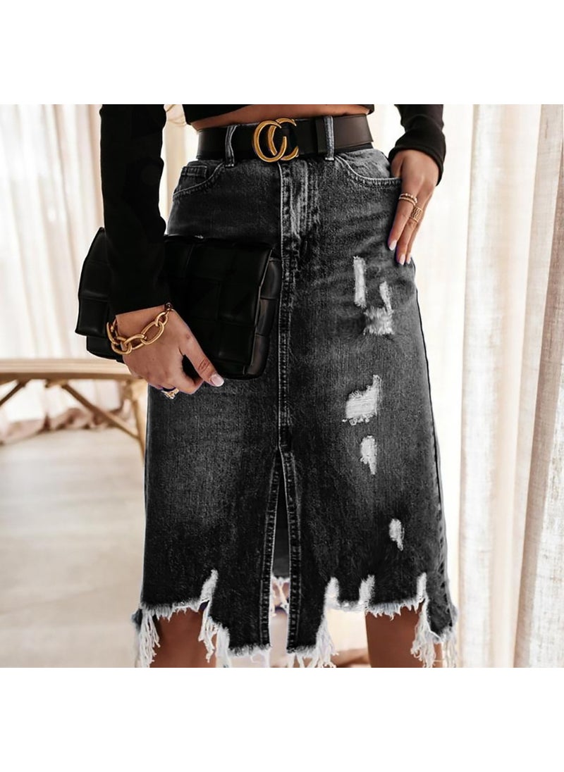 2024 Summer Denim Skirt Womens Chic Washed Fringe Mid-Length light blue