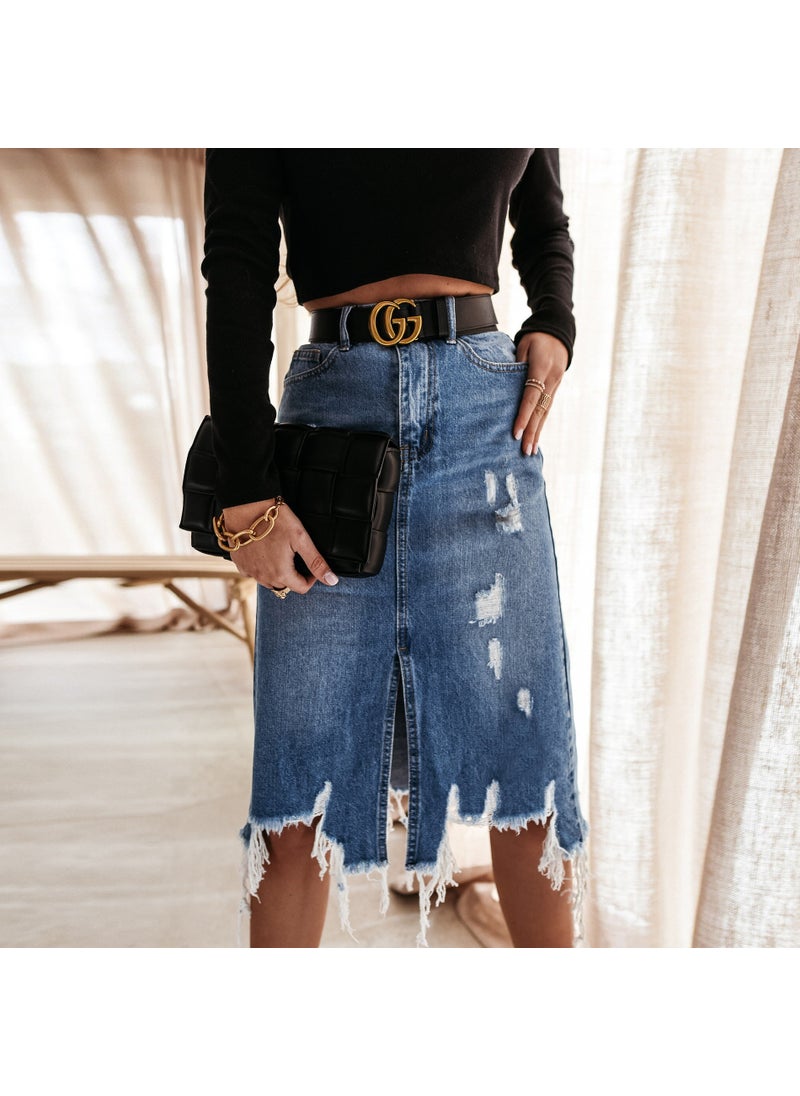 2024 Summer Denim Skirt Womens Chic Washed Fringe Mid-Length Denim Blue