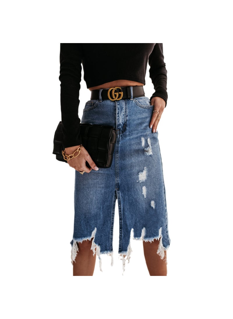 2024 Summer Denim Skirt Womens Chic Washed Fringe Mid-Length Denim Blue