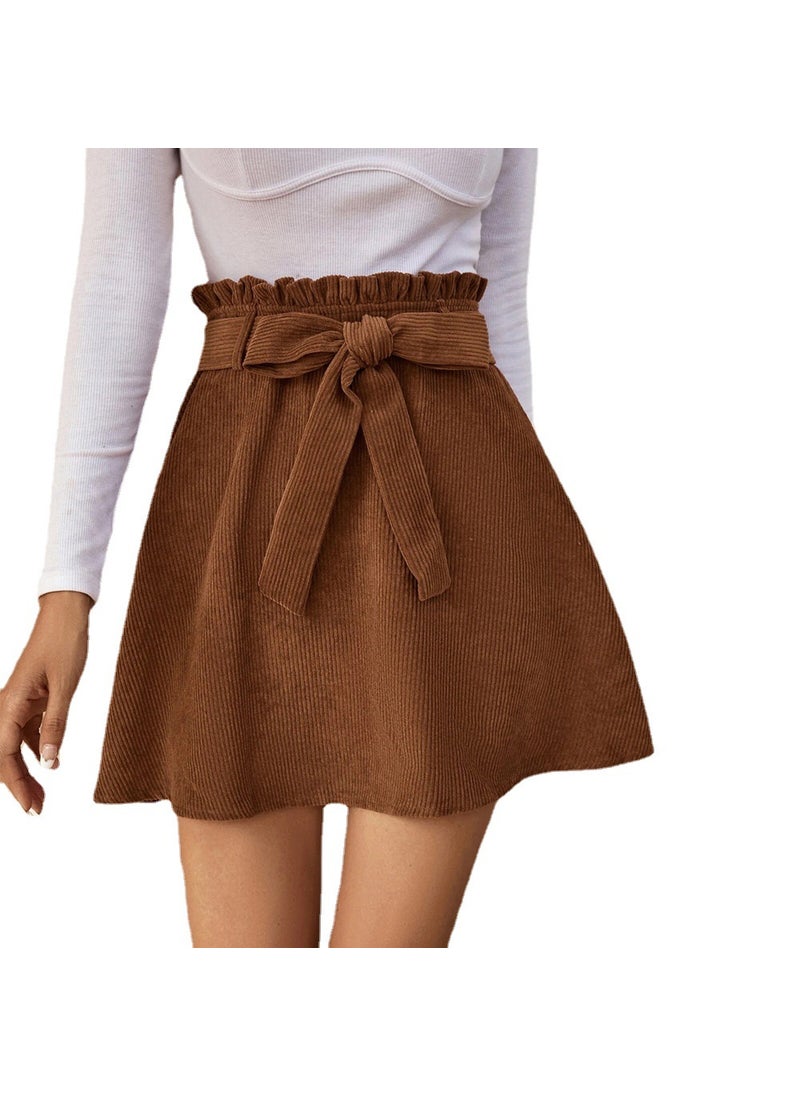 Cross-border Womens Clothing 2024 European and American Style Casual Waist Belt A- shaped Sweet Short Skirt Corduroy High Waist Skirt Caramel