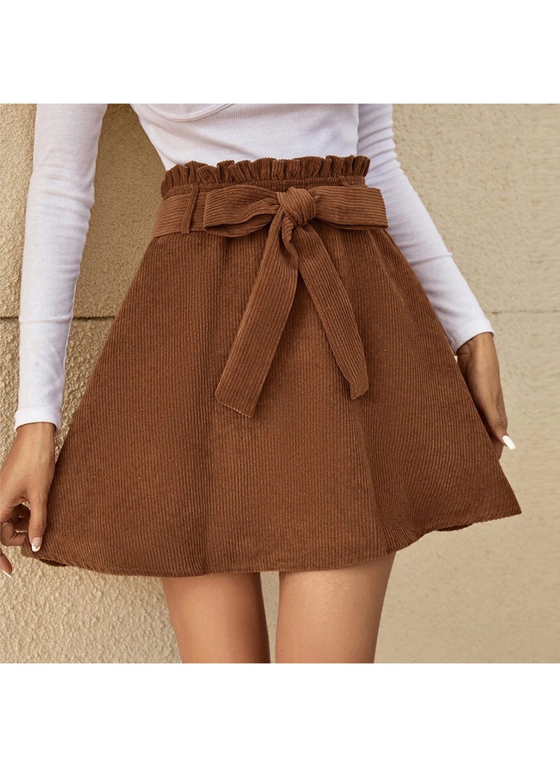 Cross-border Womens Clothing 2024 European and American Style Casual Waist Belt A- shaped Sweet Short Skirt Corduroy High Waist Skirt Caramel