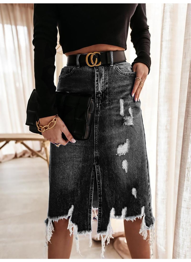 2024 Summer Denim Skirt Womens Chic Washed Fringe Mid-Length Black