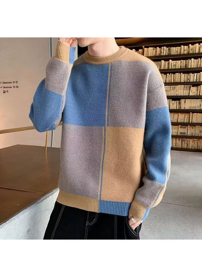 Mens Retro Casual Knit Sweater Block Patchwork Brown