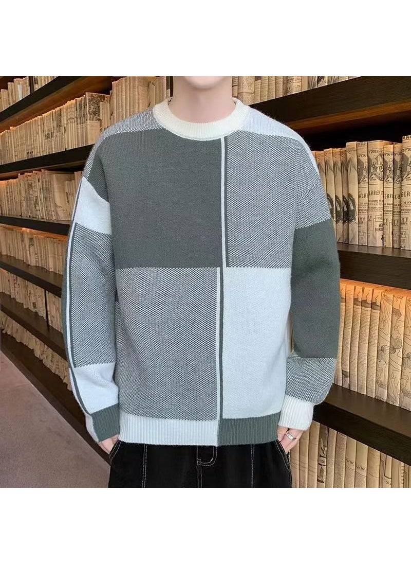 Mens Retro Casual Knit Sweater Block Patchwork Green