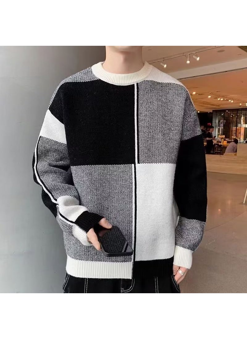 Mens Retro Casual Knit Sweater Block Patchwork Black