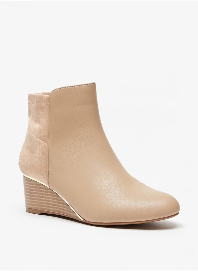 Women's Solid Ankle Boots with Wedge Heel and Zip Closure