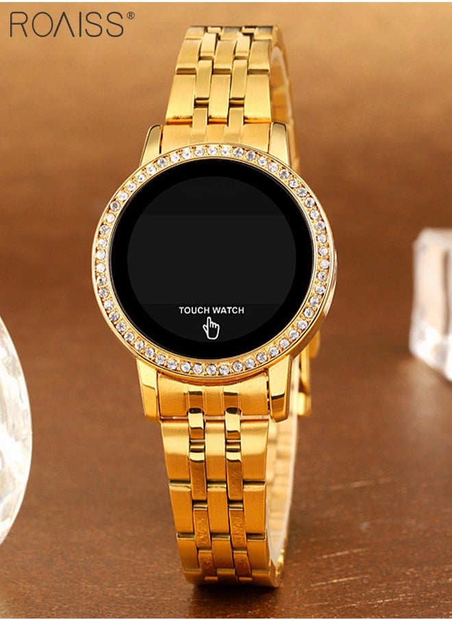 Women's Digital Touch Screen Watch Led Display Round Dial with Rhinestones Decorated Bezel Waterproof Luminous Stainless Steel Strap Wristwatch with Calendar Display, Gold